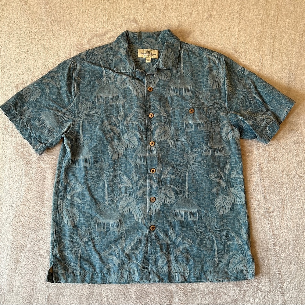 Men’s Island Shores Silk Short-Sleeve Button-Down Shirt in Teal Leaf Print Med